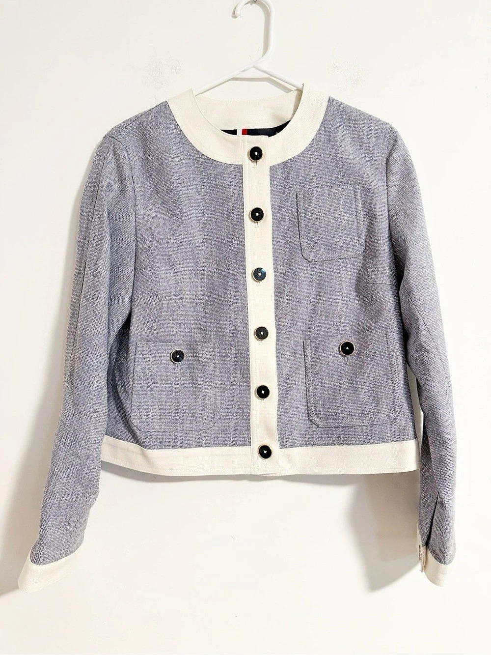 Title Tommy Hilfiger Blue White Tweed Knit Button Up Cardigan Jacket Womens 4